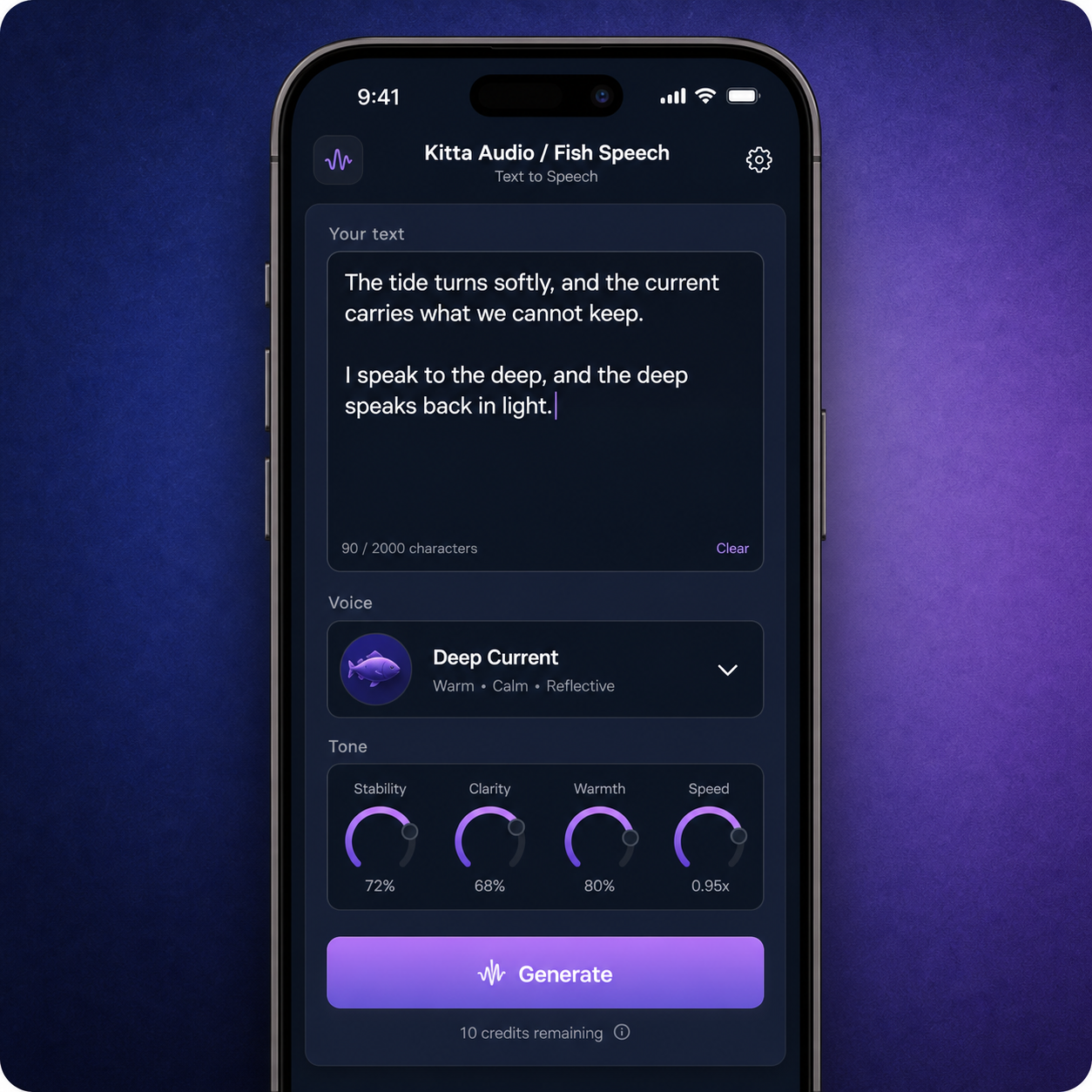 Text-to-speech creation screen in the KittaAudio mobile app