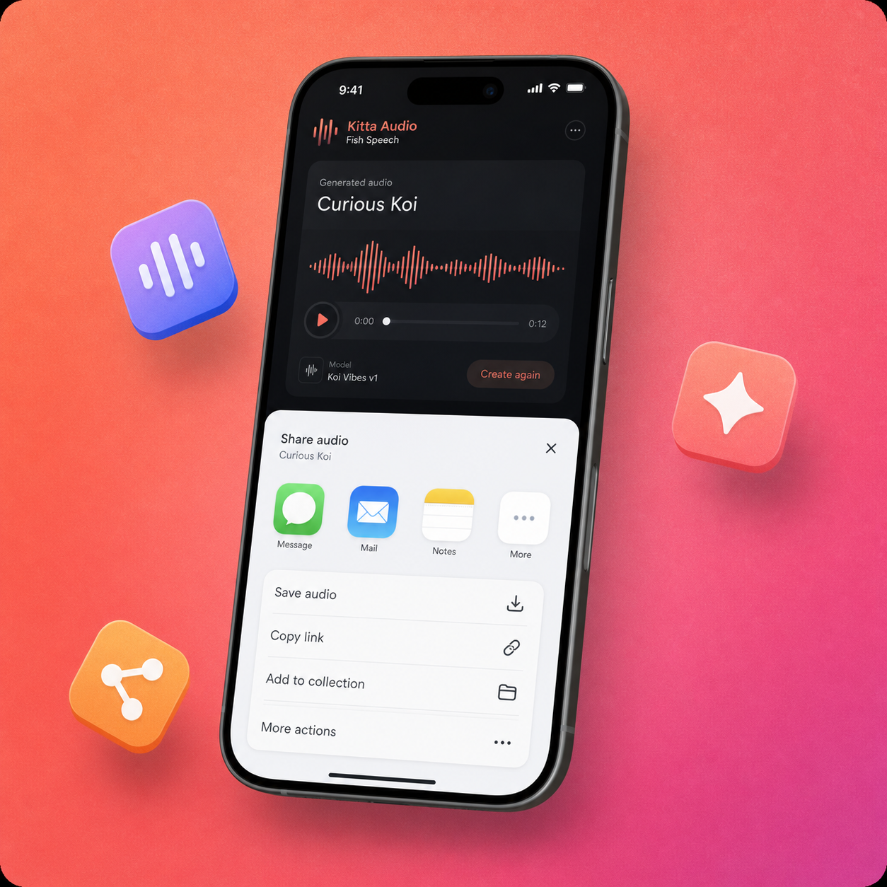 Audio sharing sheet in the KittaAudio mobile app